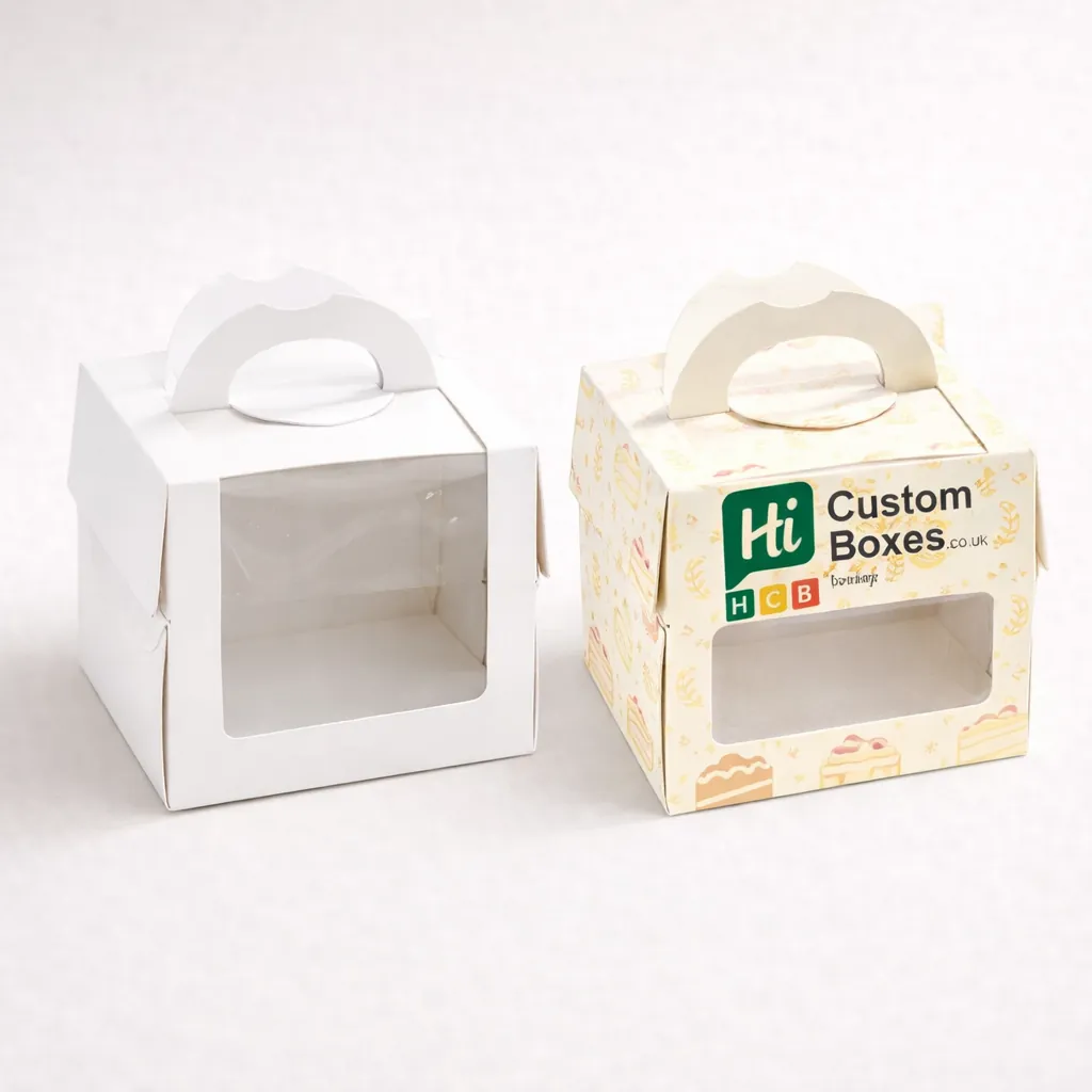 Two white carrier boxes with integrated handles, one blank and one featuring bakery product imagery. class=